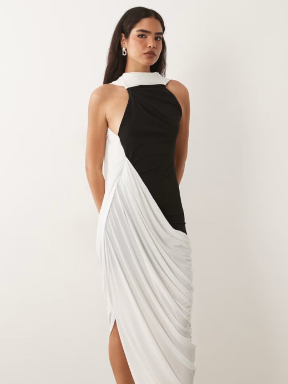 ASOS DESIGN maxi dress with draped skirt into scarf in black and white